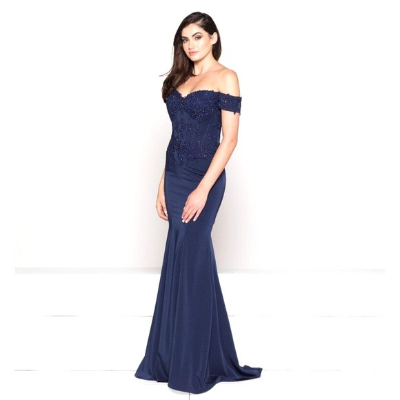 NWT Glow Blue Off the Shoulder Lace Sequin Gown Dress Size 10 Corset Train - Picture 1 of 9